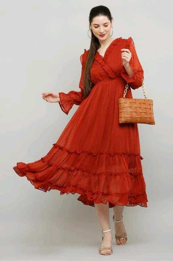 PAVONINE Buta-Design With V-Neck Red Dress For Girls & Women - Distacart