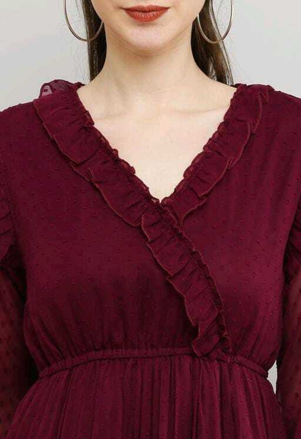 PAVONINE Buta-Design With V-Neck Wine Dress For Girls & Women - Distacart