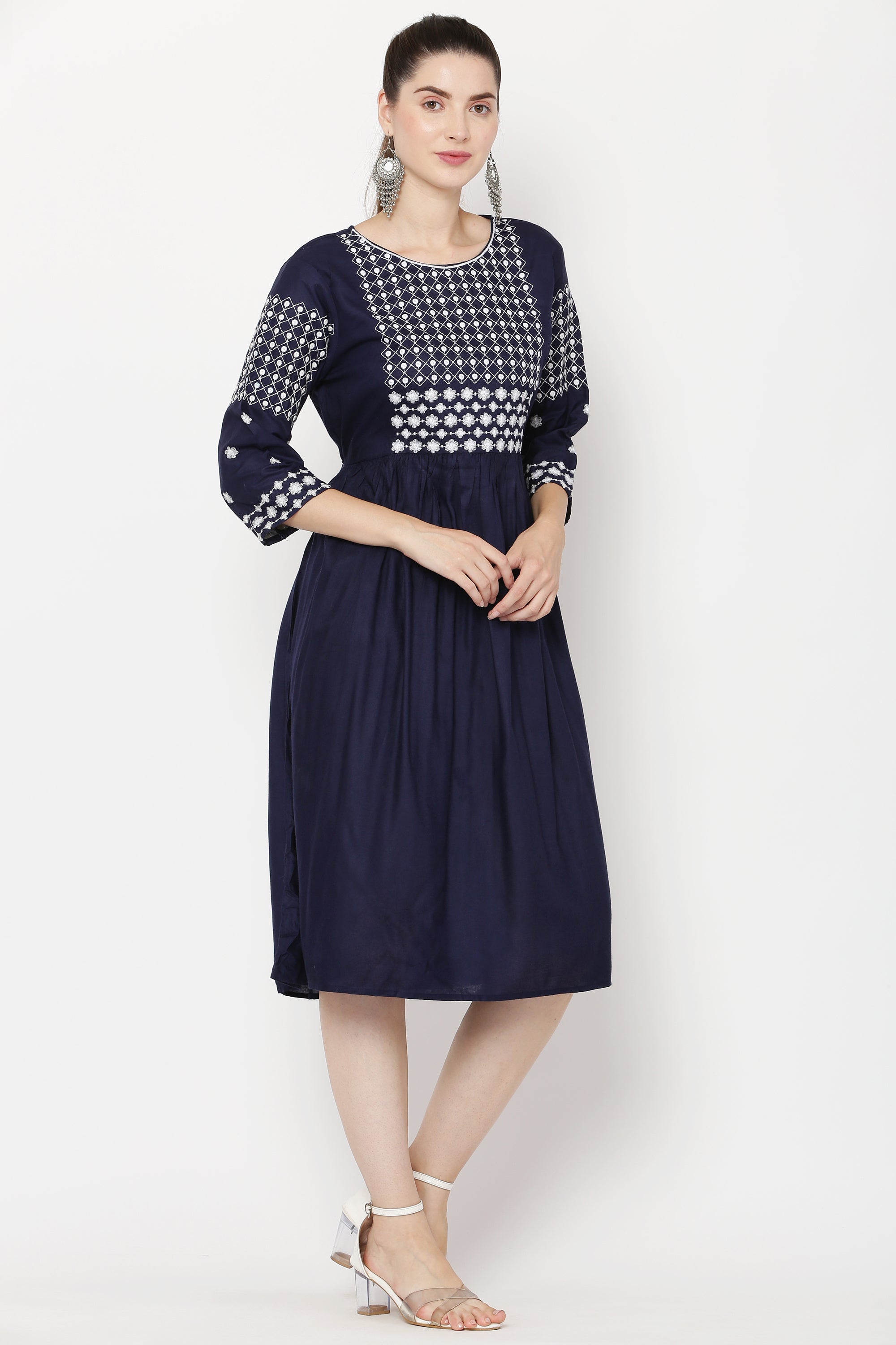 PAVONINE Navy Blue Color Polka Dots Embroidery Dress For Women - Distacart