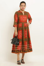 Thumbnail for PAVONINE Jaipuri Block Print Mehandi Color Dress For Girls & Women - Distacart