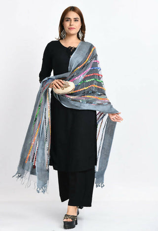 Mominos Fashion Moeza Women's Orgenza Multi Thread Mirror Work Grey Dupatta - Distacart