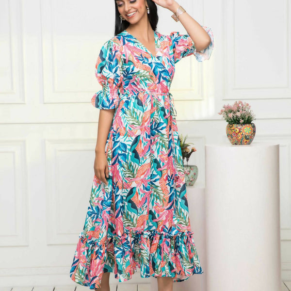 Myshka Women Multi Floral Polyester A-Line V-Neck Dress - Distacart
