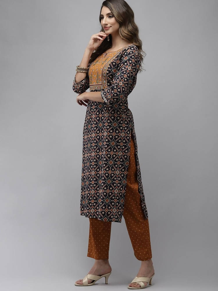 Yufta Women Navy Blue Ethnic Motifs Regular Thread Work Pure Cotton Kurta with Trouser With Dupatta