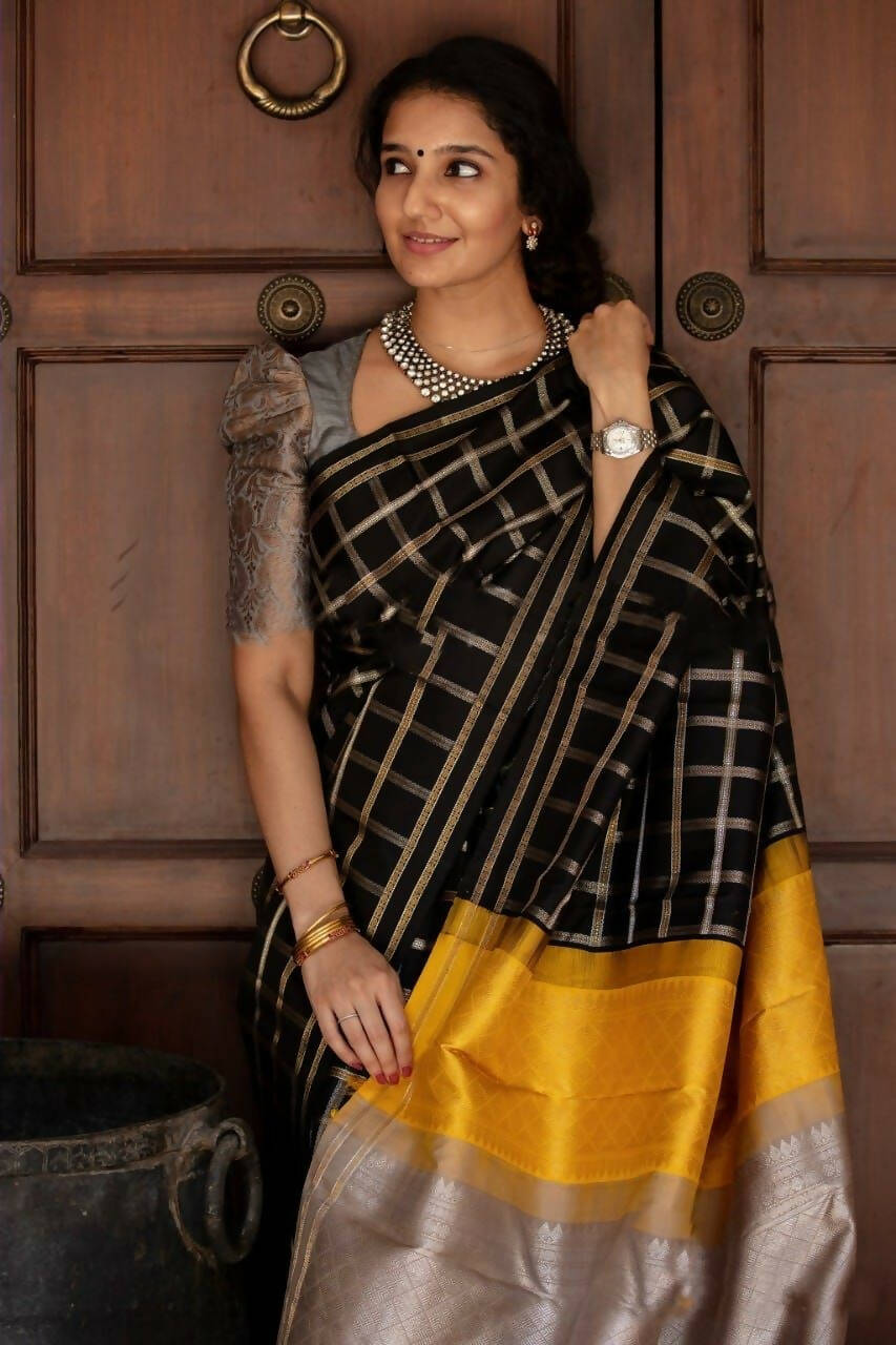 DEIANA'S Beautiful Golden Jari with New Design Soft Lichi Silk Saree - Black - Distacart