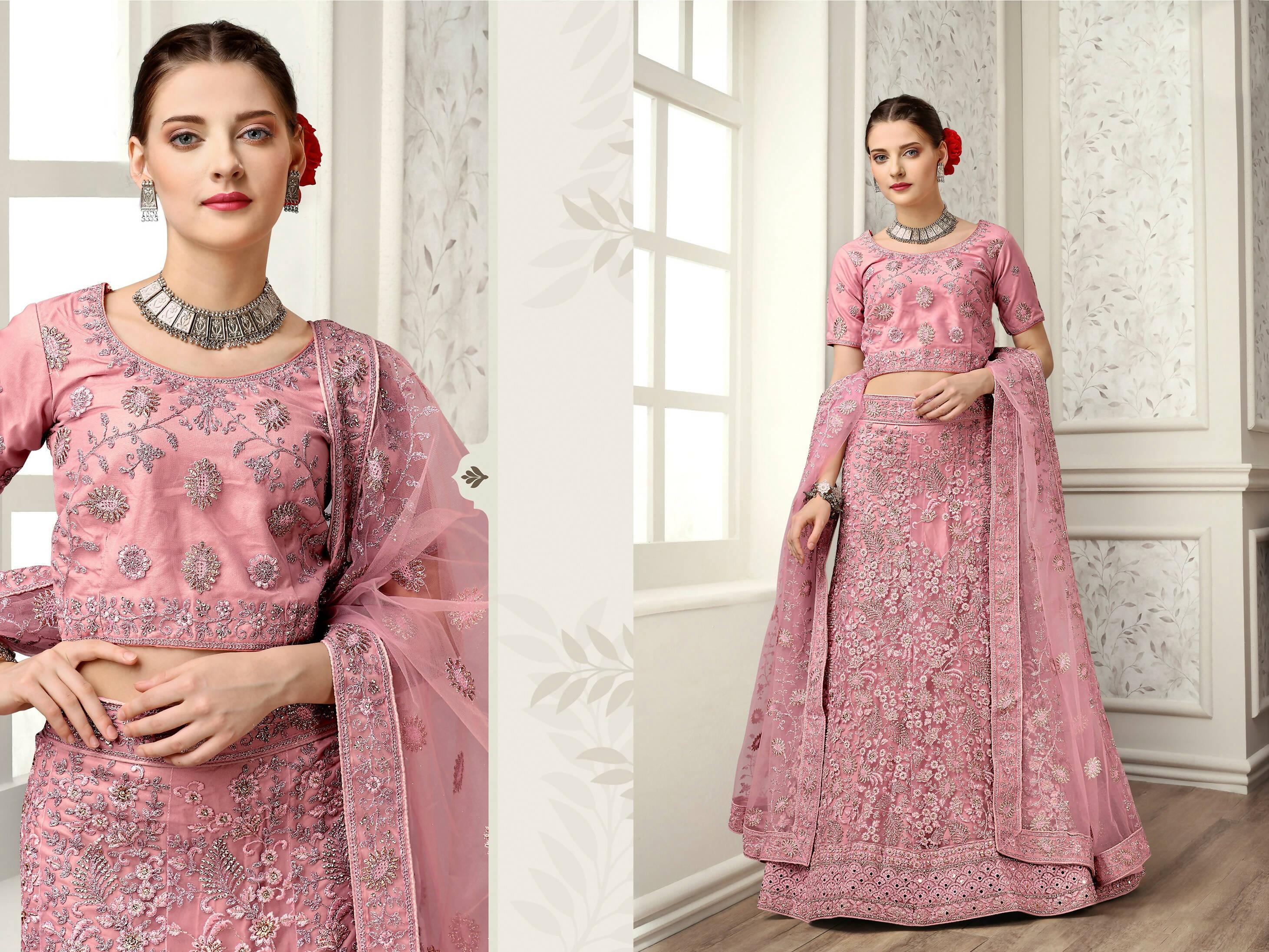 Peach Net Fancy Zari Embroidered work Lehenga Choli with Dupatta - Heer - Distacart