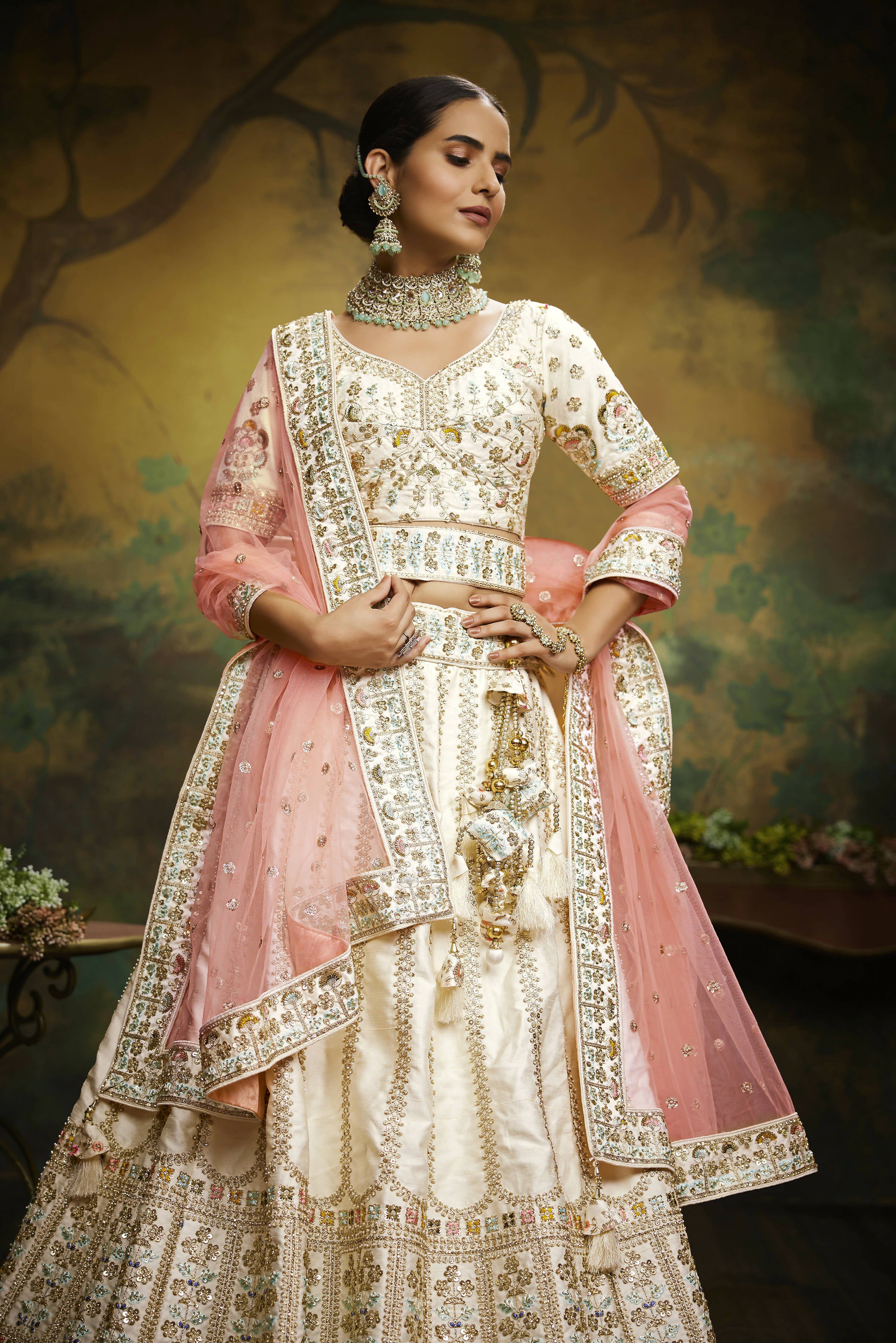 House of Panchhi Off White Pure Silk Moti & Zarkan heavy embroidery Lehenga choli & Dupatta - Distacart