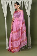 Thumbnail for Very Much Indian Handloom Cotton Silk Maheshwari Saree With Sleek Golden Border - Rose Pink - Distacart