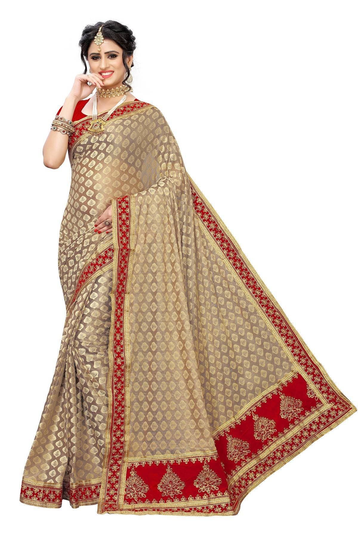 Vamika Brown Terry Jaquard/Terry Cotton Embroidery Saree (JHARMAR RED)