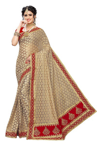 Thumbnail for Vamika Brown Terry Jaquard/Terry Cotton Embroidery Saree (JHARMAR RED)