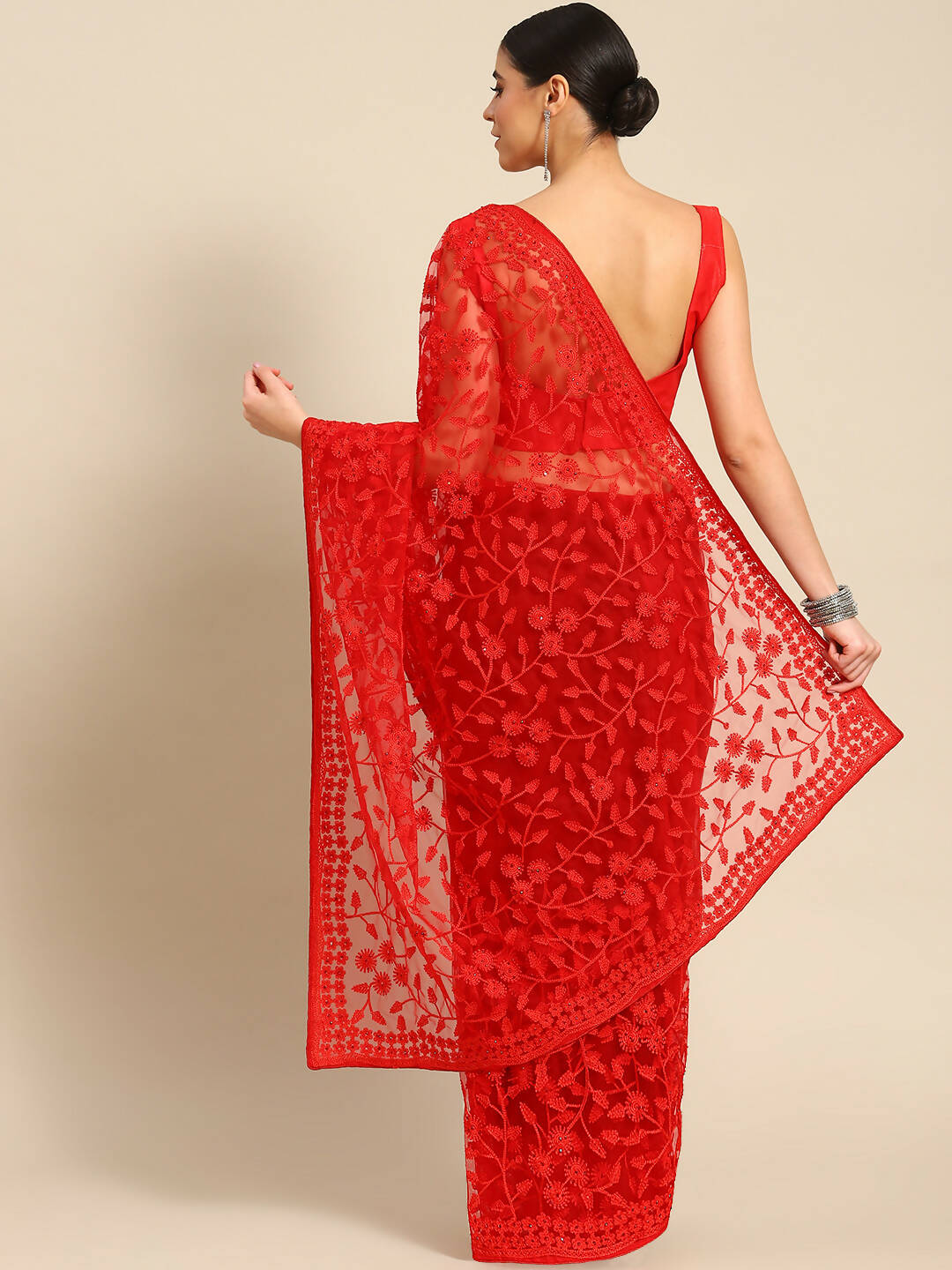 Red Woven Design Net Saree with Blouse Piece - Kalamkari - Distacart