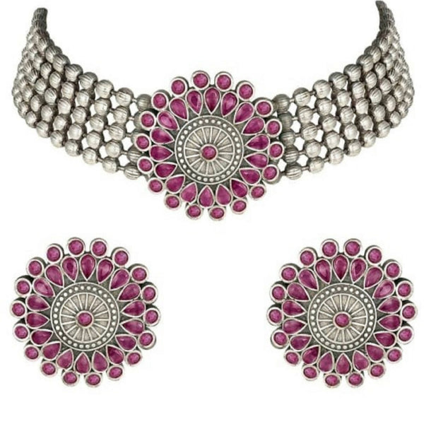 Mominos Fashion Johar Kamal Oxidised Silver-Plated Brass Finish Kundan Choker For Women (Pink) - Distacart