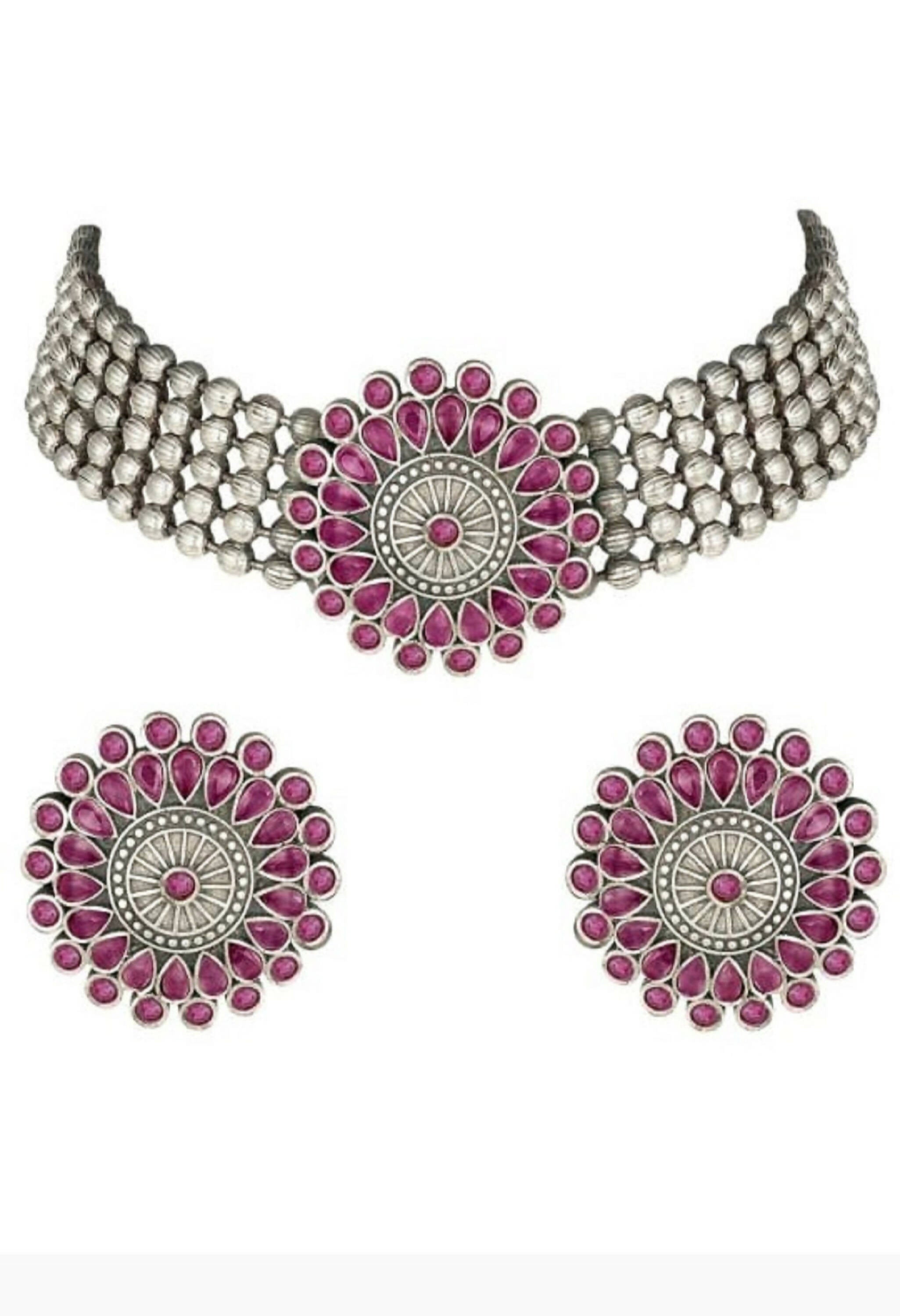 Mominos Fashion Johar Kamal Oxidised Silver-Plated Brass Finish Kundan Choker For Women (Pink) - Distacart