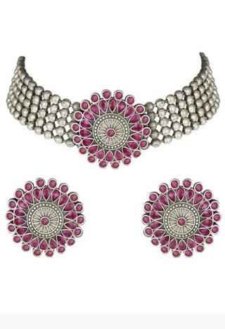 Mominos Fashion Johar Kamal Oxidised Silver-Plated Brass Finish Kundan Choker For Women (Pink) - Distacart