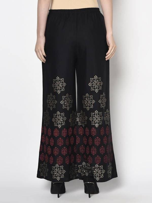 Aniyah Rayon Black Color Block Print Flared Slip-On Palazzo (AN-188K)