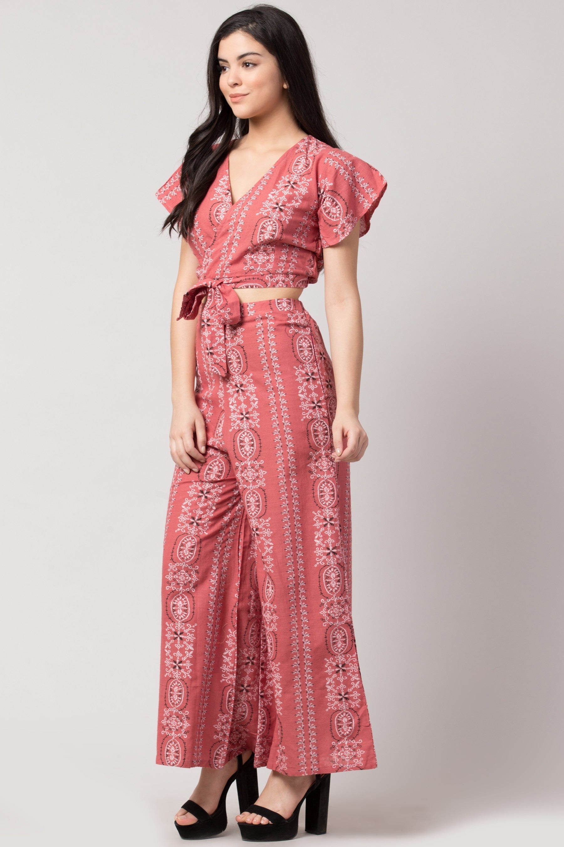 PAVONINE Peach Color Printed Crop Top And Flared Palazzo Set For Girls & Women - Distacart