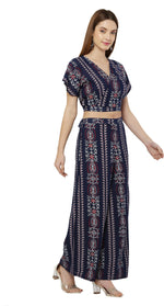 Thumbnail for PAVONINE Navy Blue Color Printed Crop Top And Flared Palazzo Set For Girls & Women - Distacart