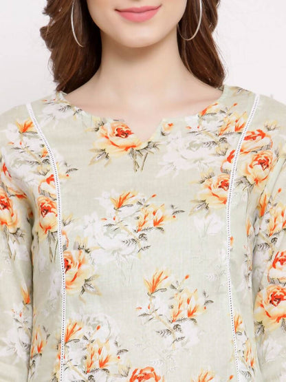 Myshka Women's Off White Cotton 3/4 Sleeve Round Neck Printed Casual Tunic