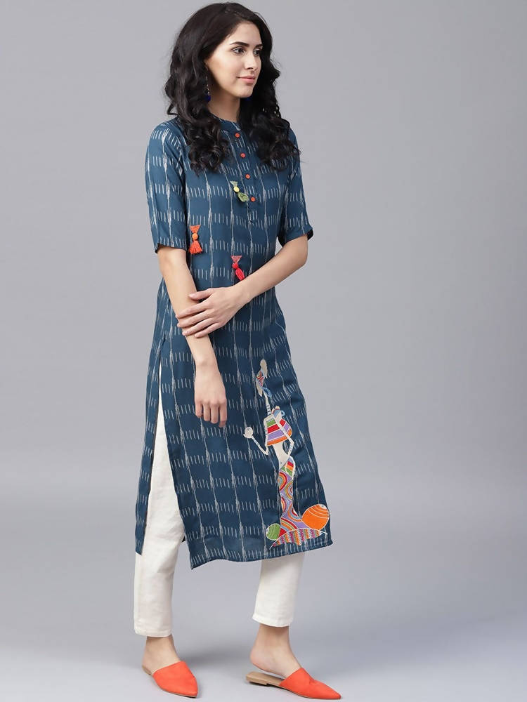 Yufta Women Navy Blue & Off-White Printed Straight Kurta
