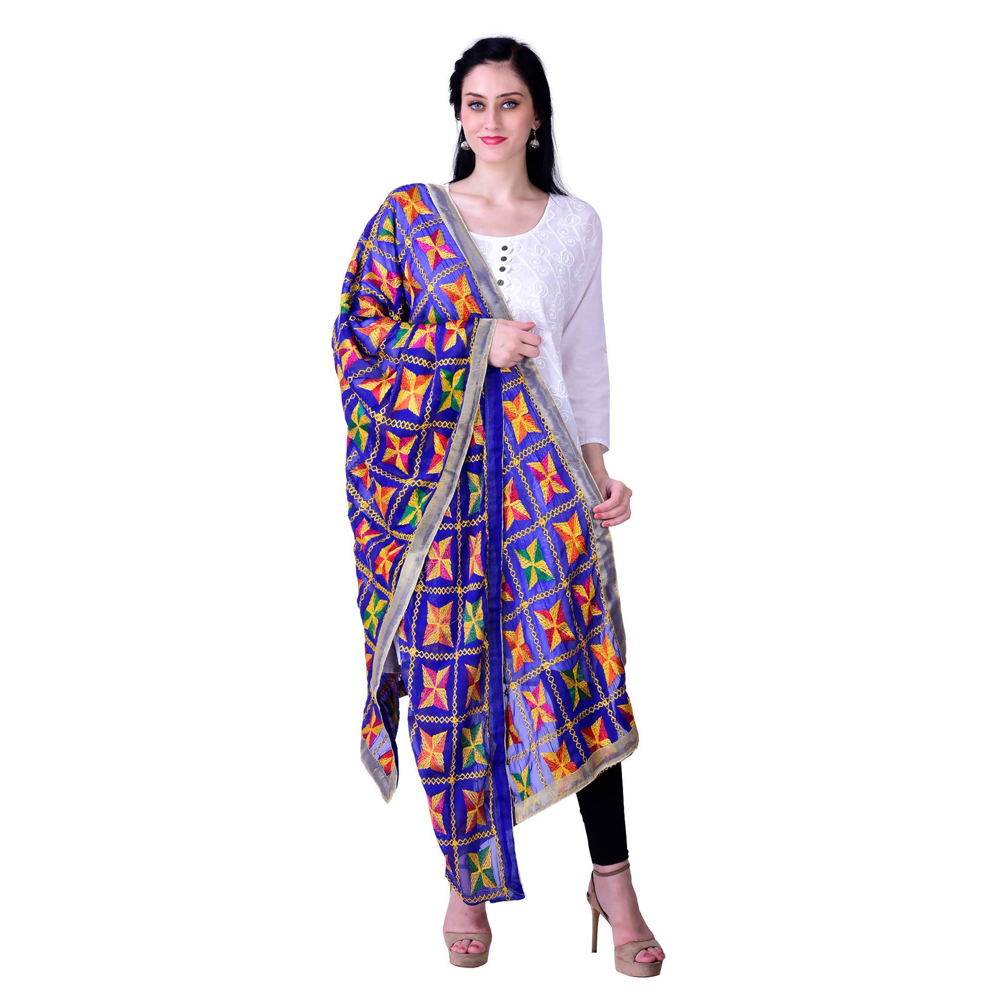SWI Stylish Women's Embroidered Phulkari Chiffon Royal Blue Dupatta