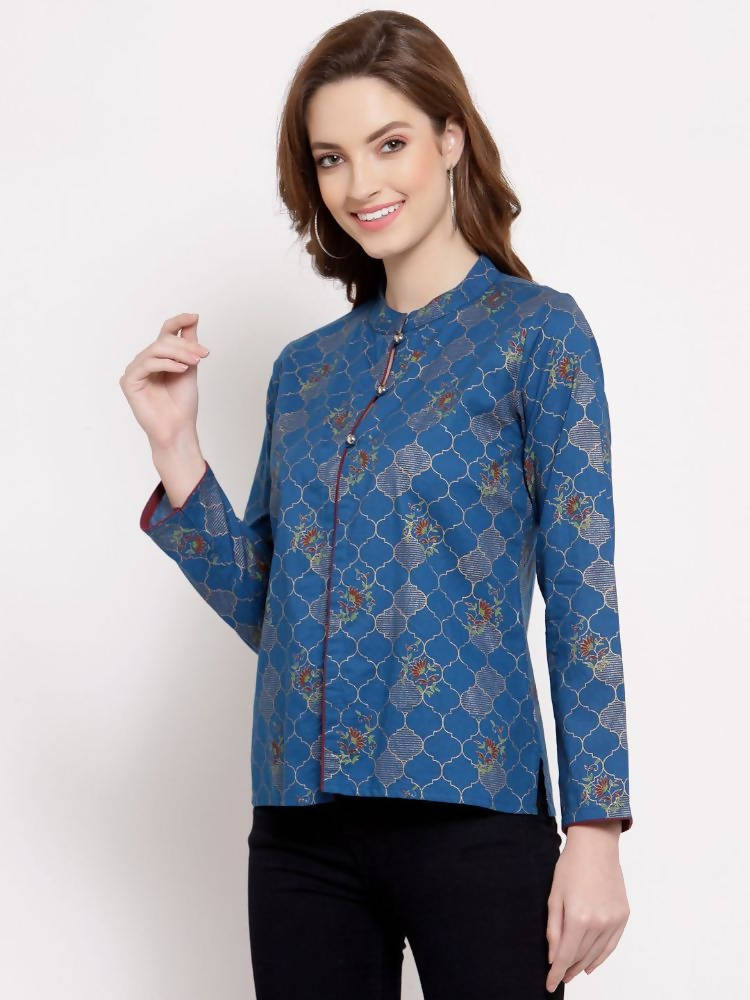 Myshka Women's Blue Cotton Full Sleeve Mandarin Collar Printed Casual Jacket