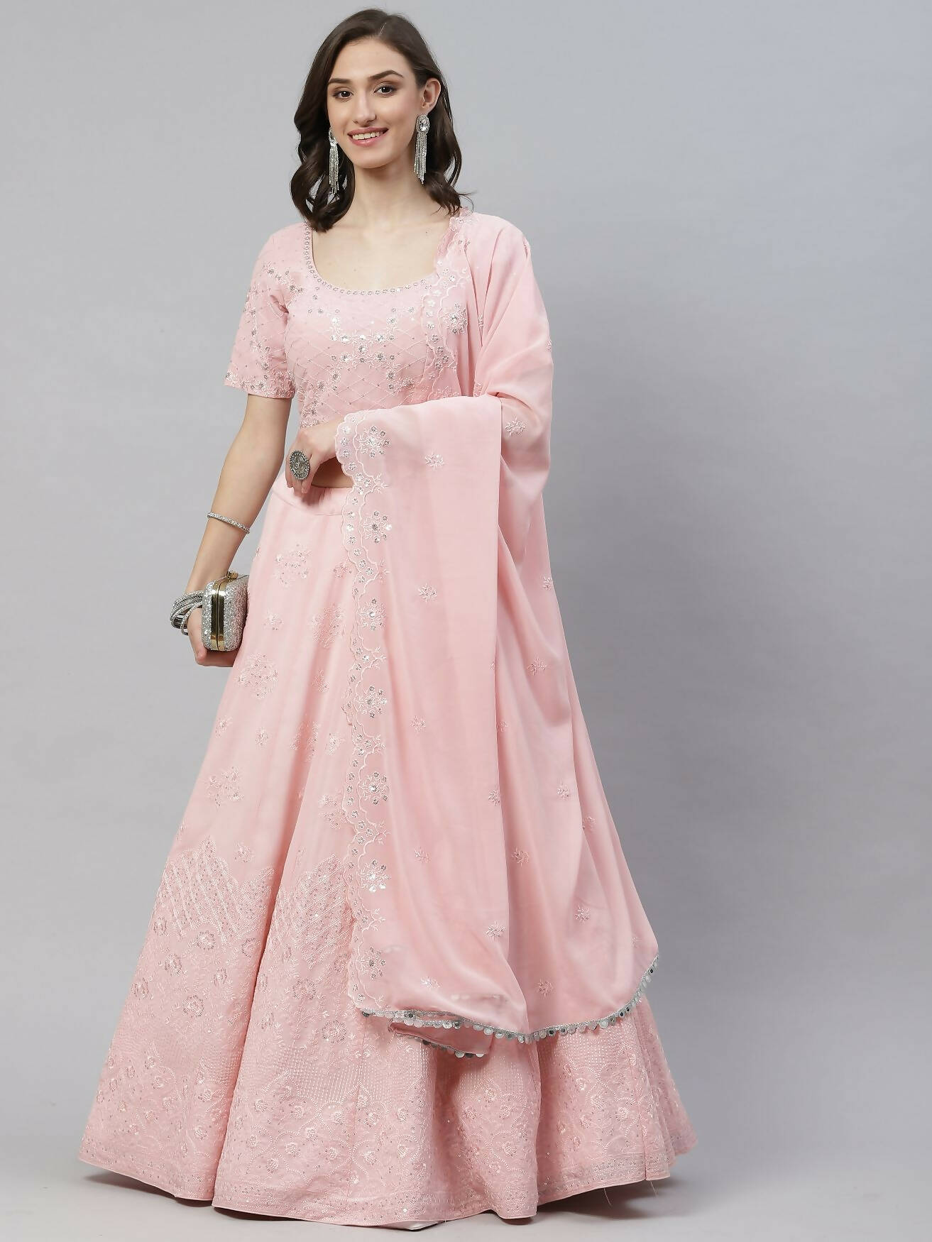 Pink Georgette Thread with Sequins Embroidered work Lehenga Choli with Dupatta - Jivika - Distacart
