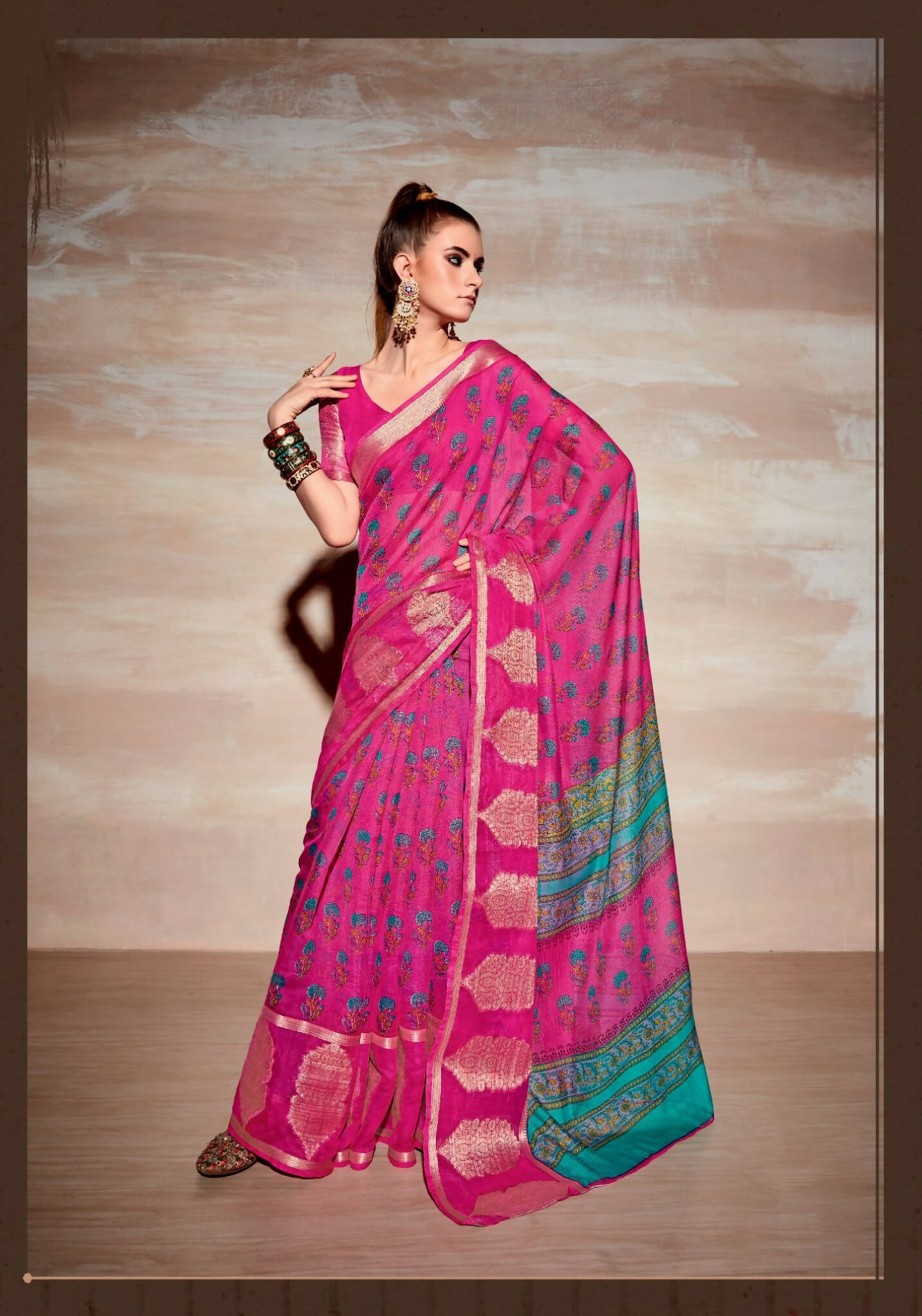 Pink Cotton Floral Printed Saree With Unstitched Blouse Piece - Kathika - Distacart
