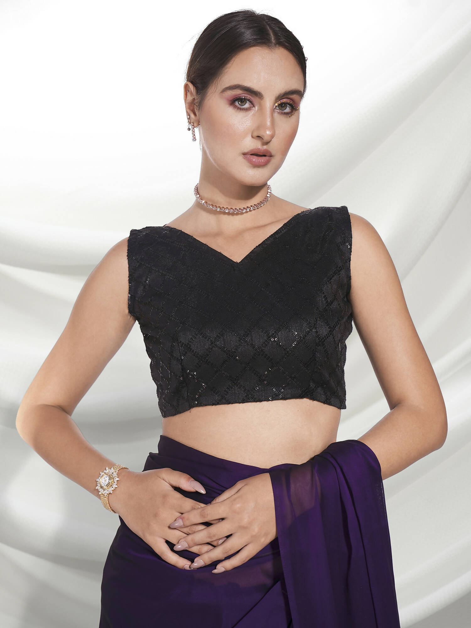 Purple Organza Solid Saree With Unstitched Blouse Piece - Shanaya - Distacart