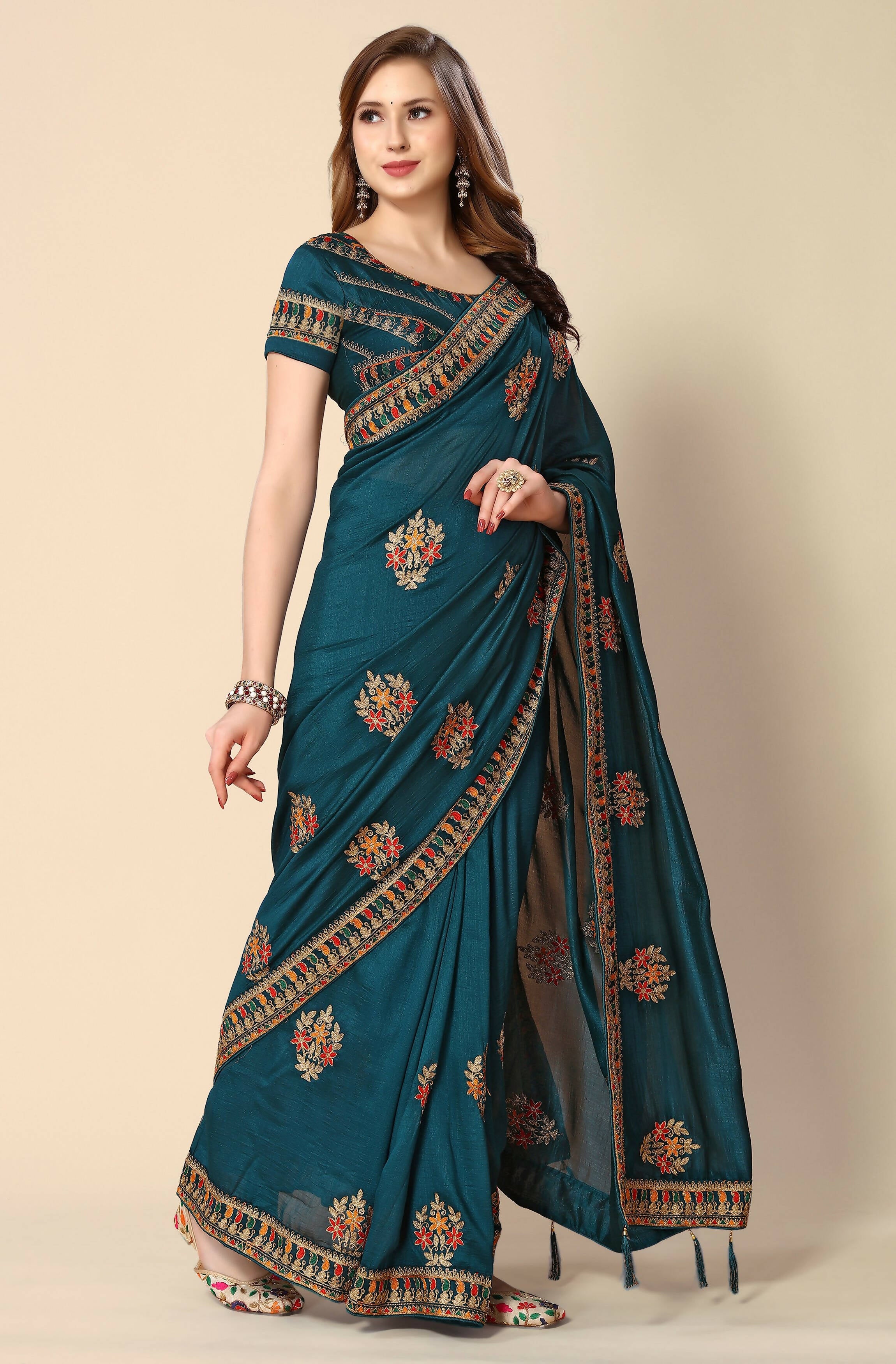 Teal Chinon Embroidered Saree with Unstitched Blouse Piece - Roozal - Distacart
