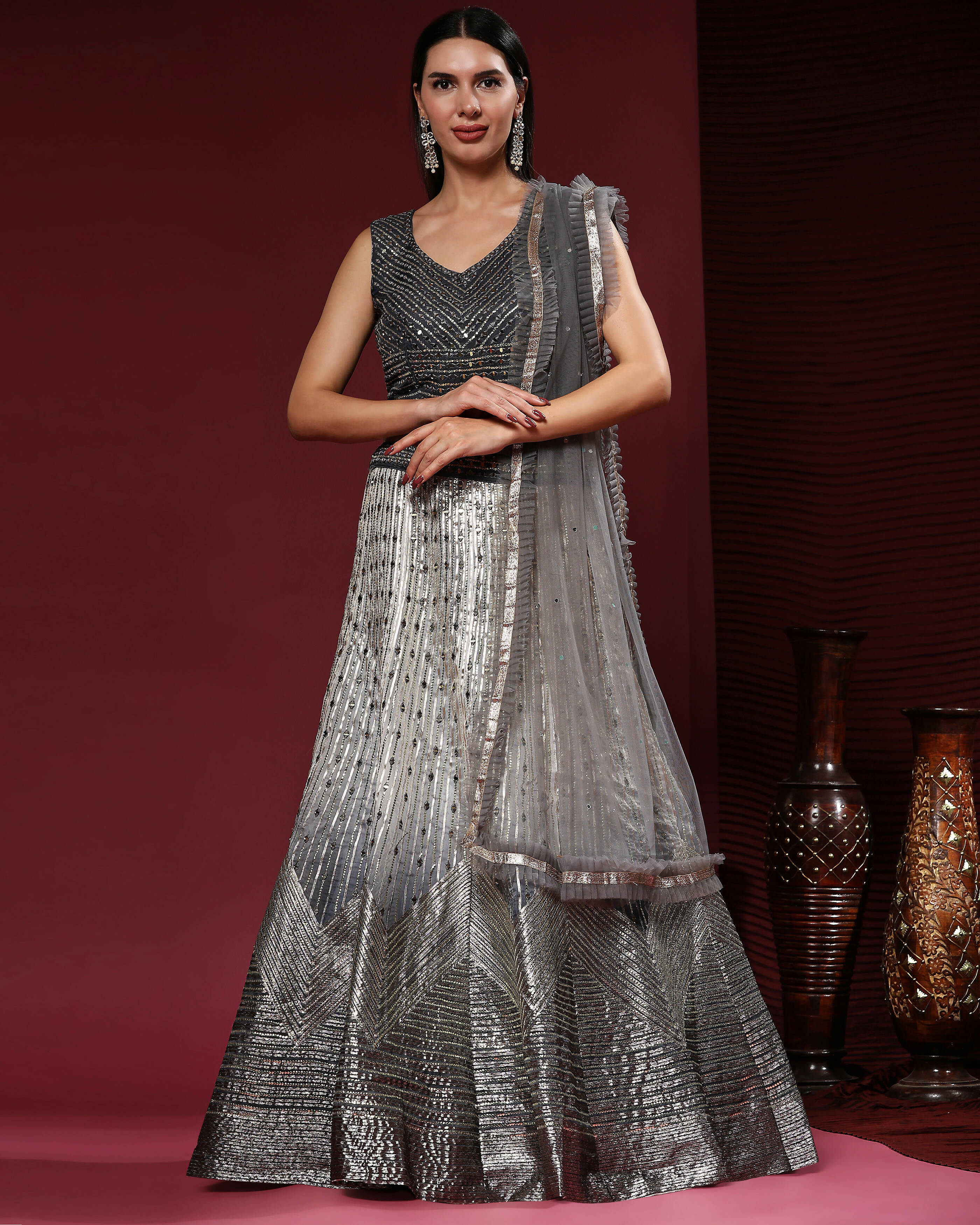 Grey Organza Mirror With Coding Work Lehenga Choli with Dupatta - Tanya - Distacart