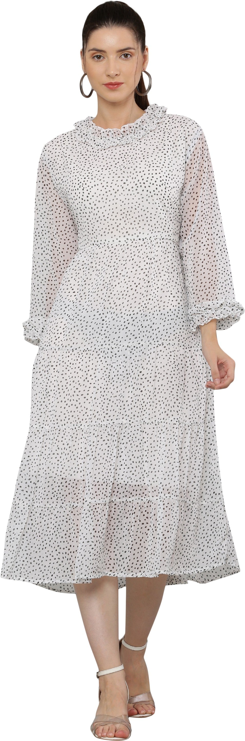 PAVONINE Micro Dots Frill-Neck Georgette Fabric White Dress For Women - Distacart
