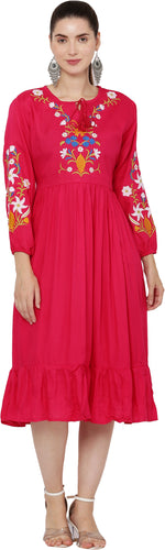 Thumbnail for PAVONINE Rani Color Flower Embroidery Dress For Women - Distacart