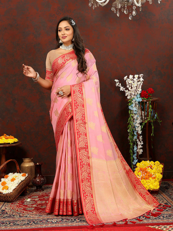 Lorenvalley Fashion Pink Cotton Woven Design with Zari Weaving Design Saree - Distacart