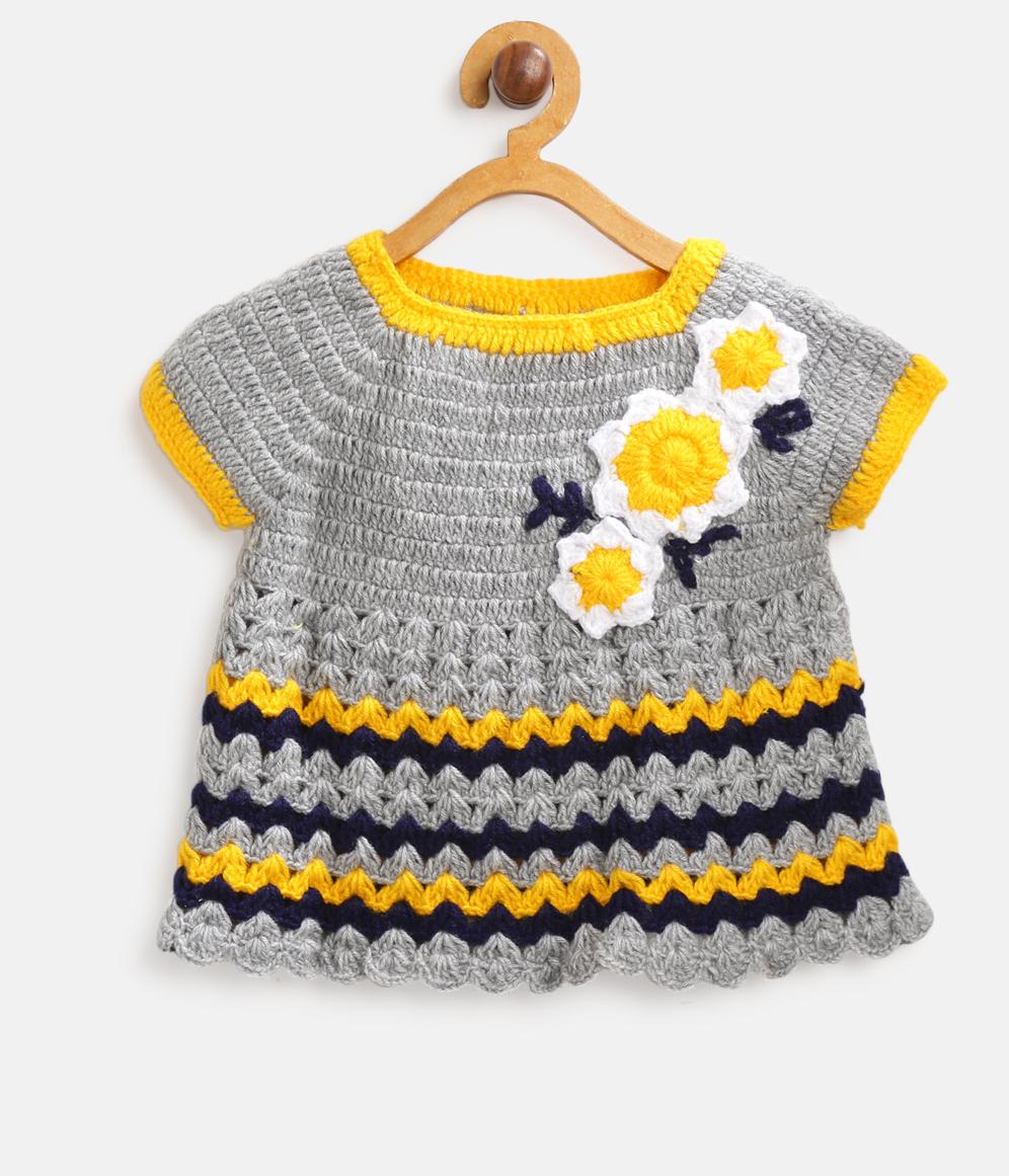 ChutPut Hand knitted Crochet Bumblebee Wool Dress For Baby Girls - Grey - Distacart