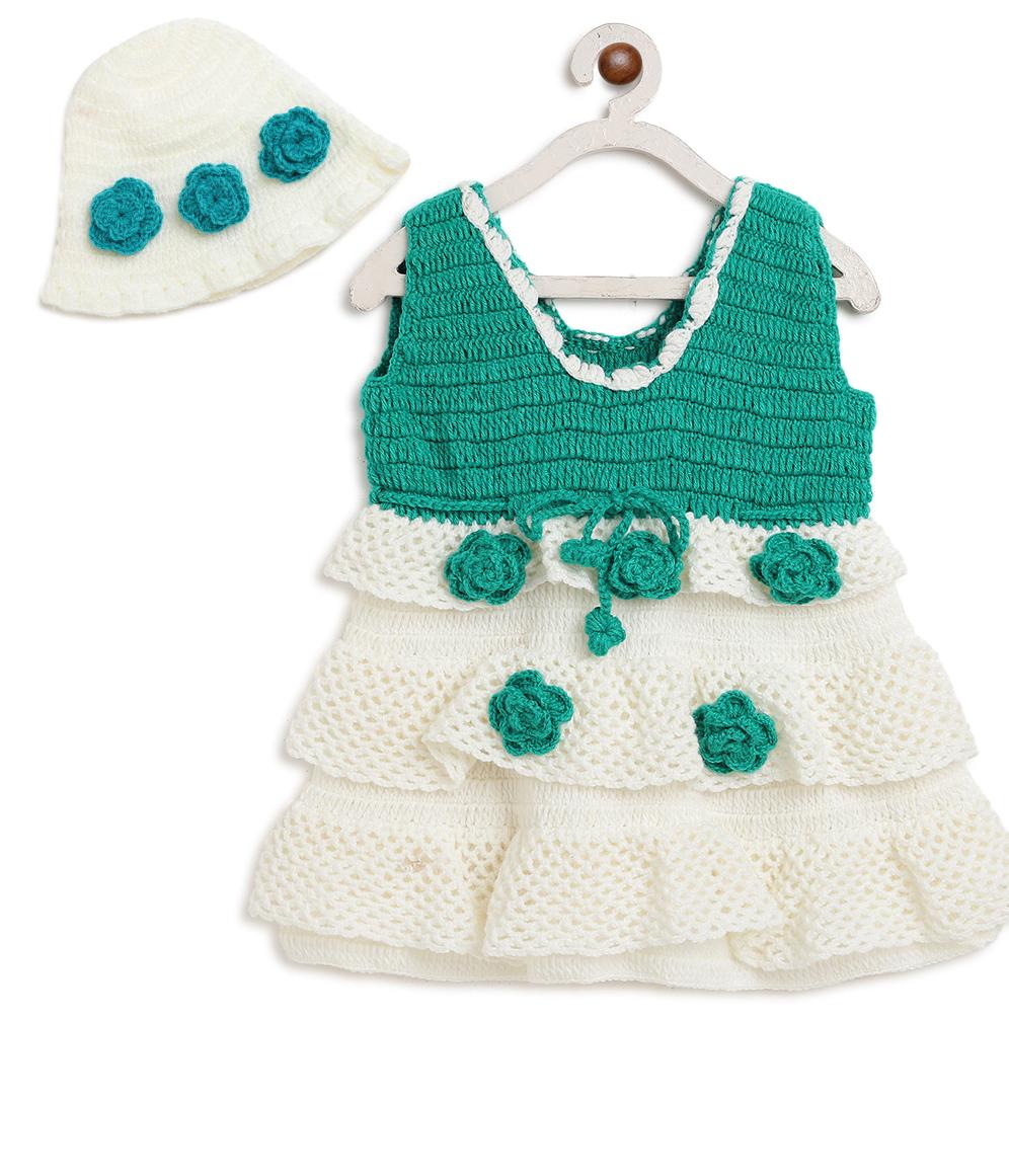 ChutPut Hand knitted Crochet Floral Evening Dress For Baby Girls - Cream - Distacart