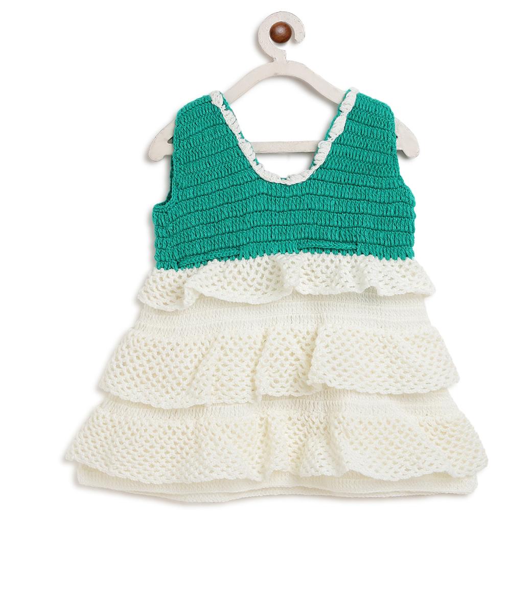 ChutPut Hand knitted Crochet Floral Evening Dress For Baby Girls - Cream - Distacart