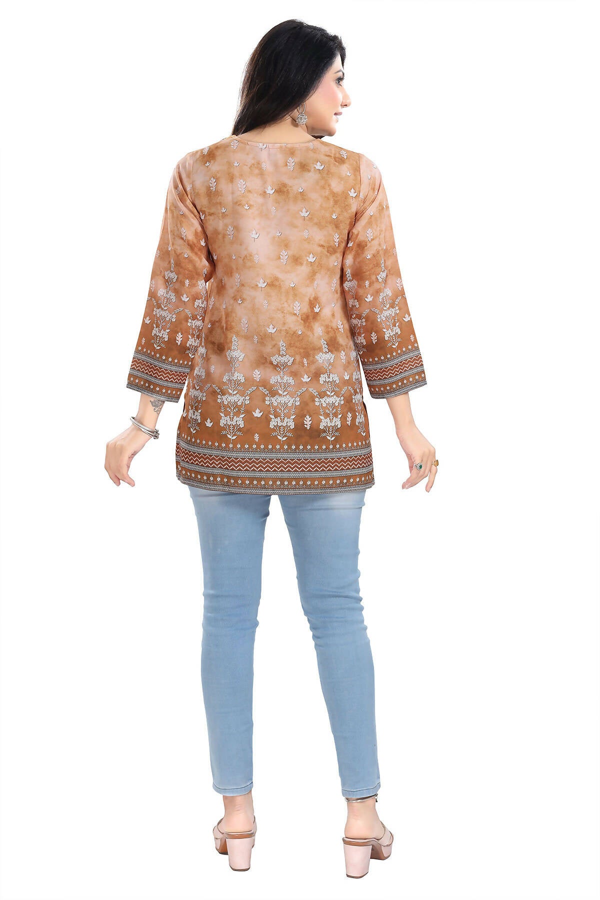 Snehal Creations Rustic Brown Faux Crepe Printed Short Kurti Tunic Top - Distacart