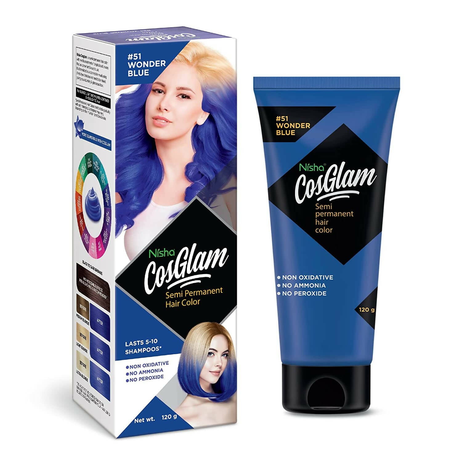 Nisha Cosglam Semi Permanent Hair Color 51 Wonder Blue - Distacart