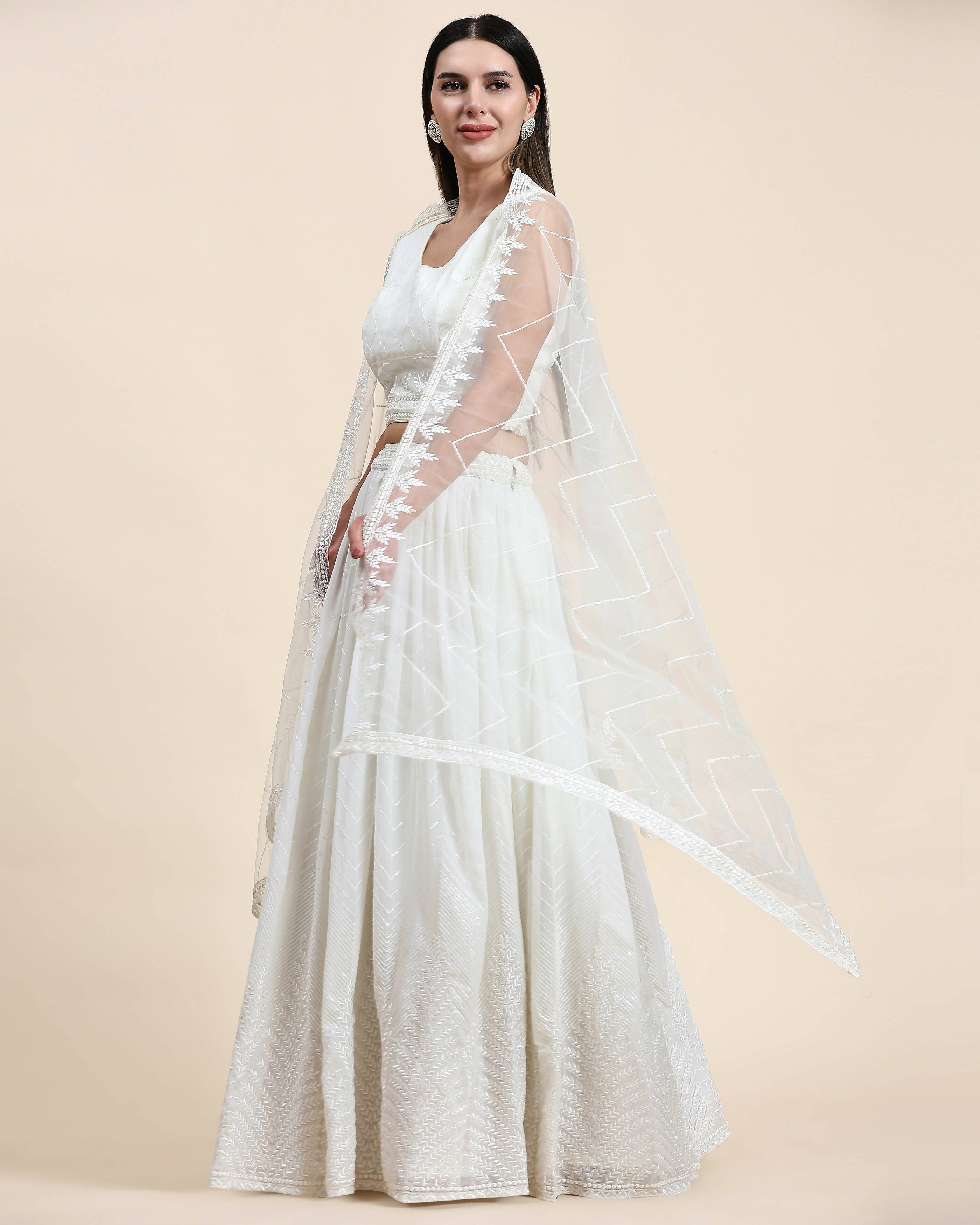 White Pure Viscose Georgette Sequence Embroidery work Lehenga Choli with Dupatta - Aakriti - Distacart