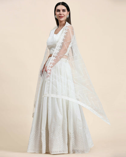 White Pure Viscose Georgette Sequence Embroidery work Lehenga Choli with Dupatta - Aakriti - Distacart