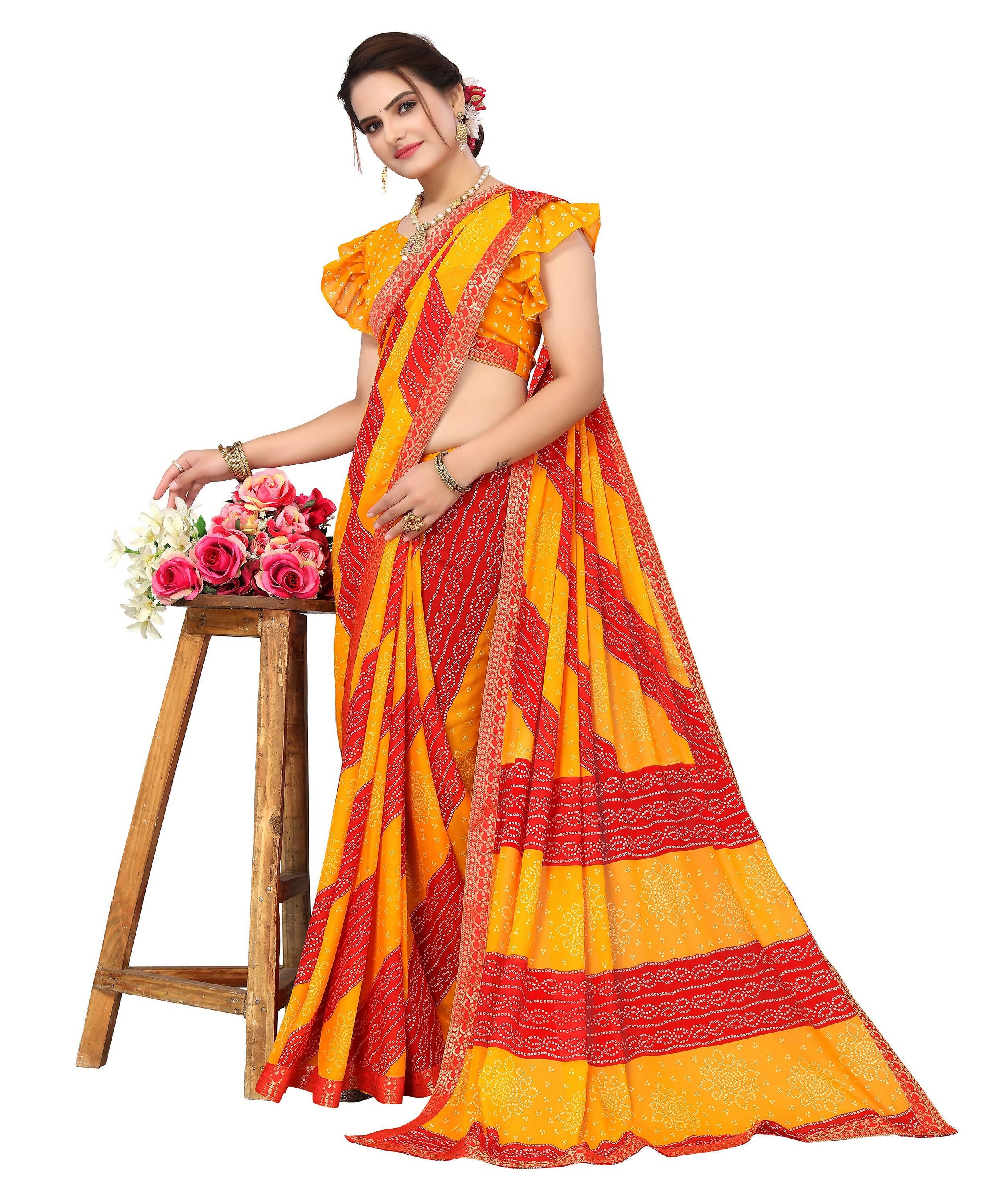 Vamika Yellow Georgette Printed With Lace Saree (MANYA YELLOW RED) - Distacart