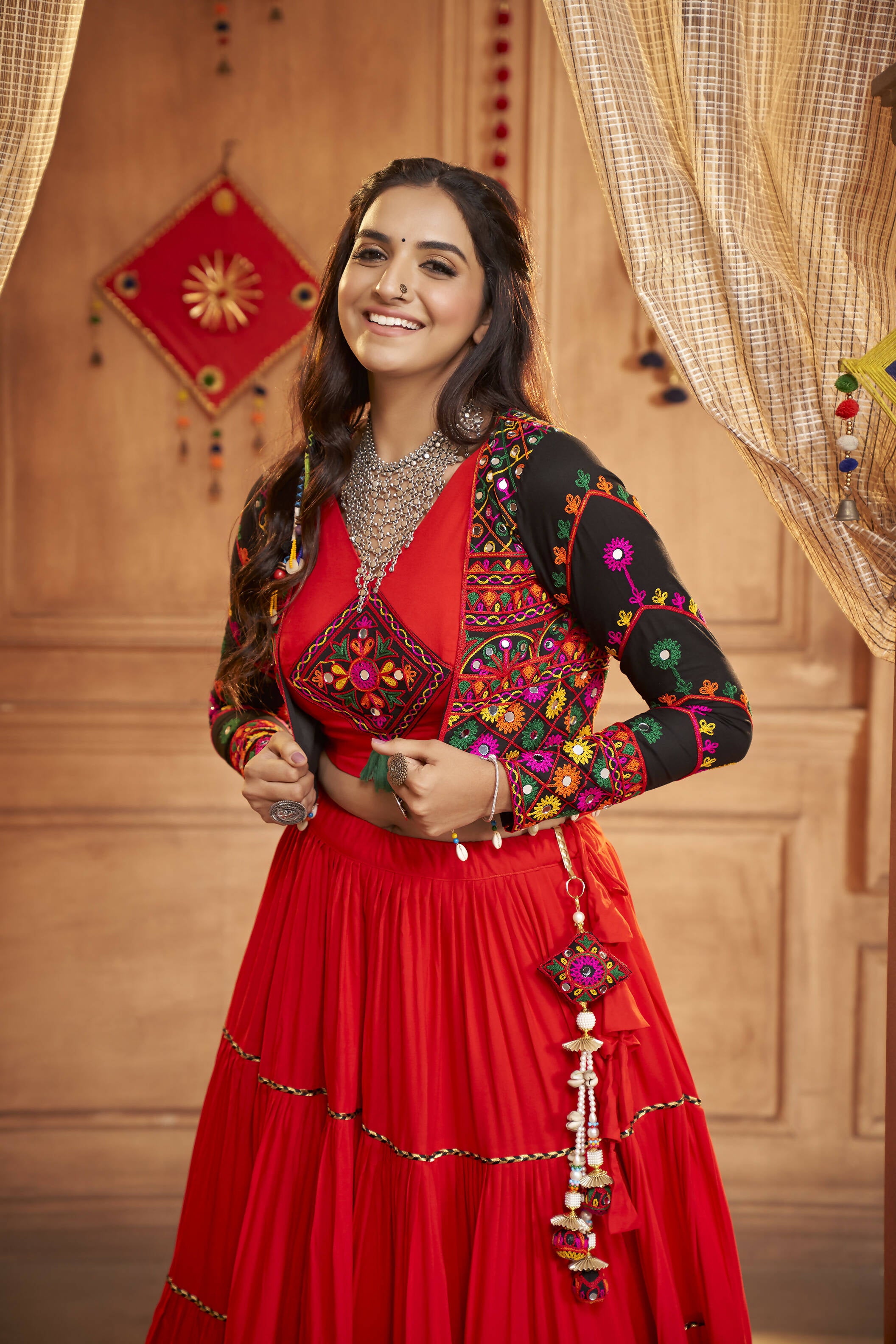 Red Viscose Rayon Navratri Lehenga Choli With Dupatta - Raas - Distacart