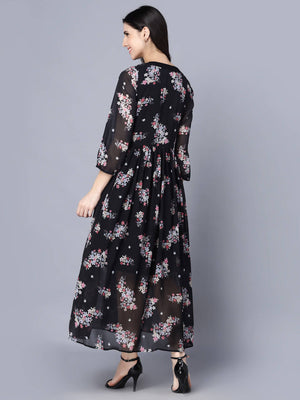 Myshka Black Floral Keyhole Neck Georgette Maxi Dress - Distacart
