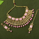 Thumbnail for Mominos Fashion Johar Kamal Gold-Plated Brass Finish Kundan/Stone Choker For Women (Baby Pink) - Distacart