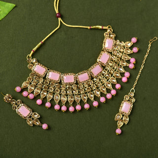 Mominos Fashion Johar Kamal Gold-Plated Brass Finish Kundan/Stone Choker For Women (Baby Pink) - Distacart