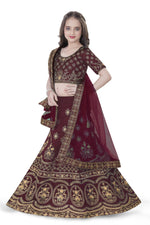 Thumbnail for Dwiden Maroon Lehriyu Tafetta Sattin Semi-Stitched Girl's Lehenga Choli - Distacart