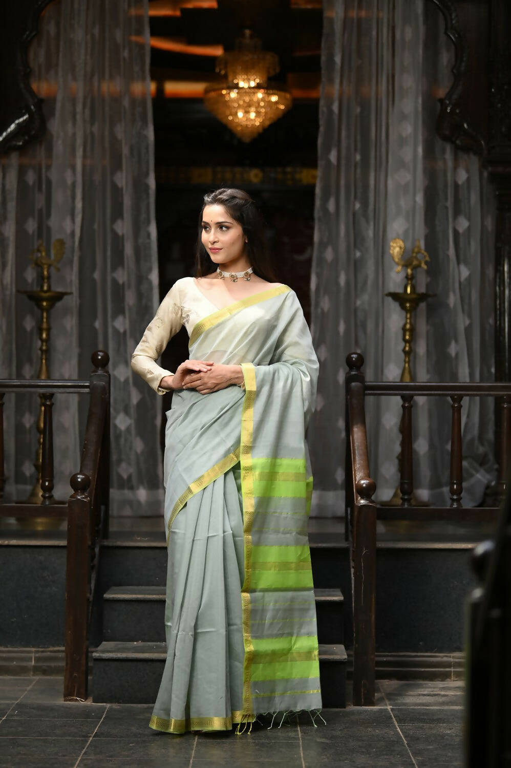 Very Much Indian VMI Exclusive Designer! Handloom Cotton Silk Saree With Sleek Golden Border - Sage Grey - Distacart