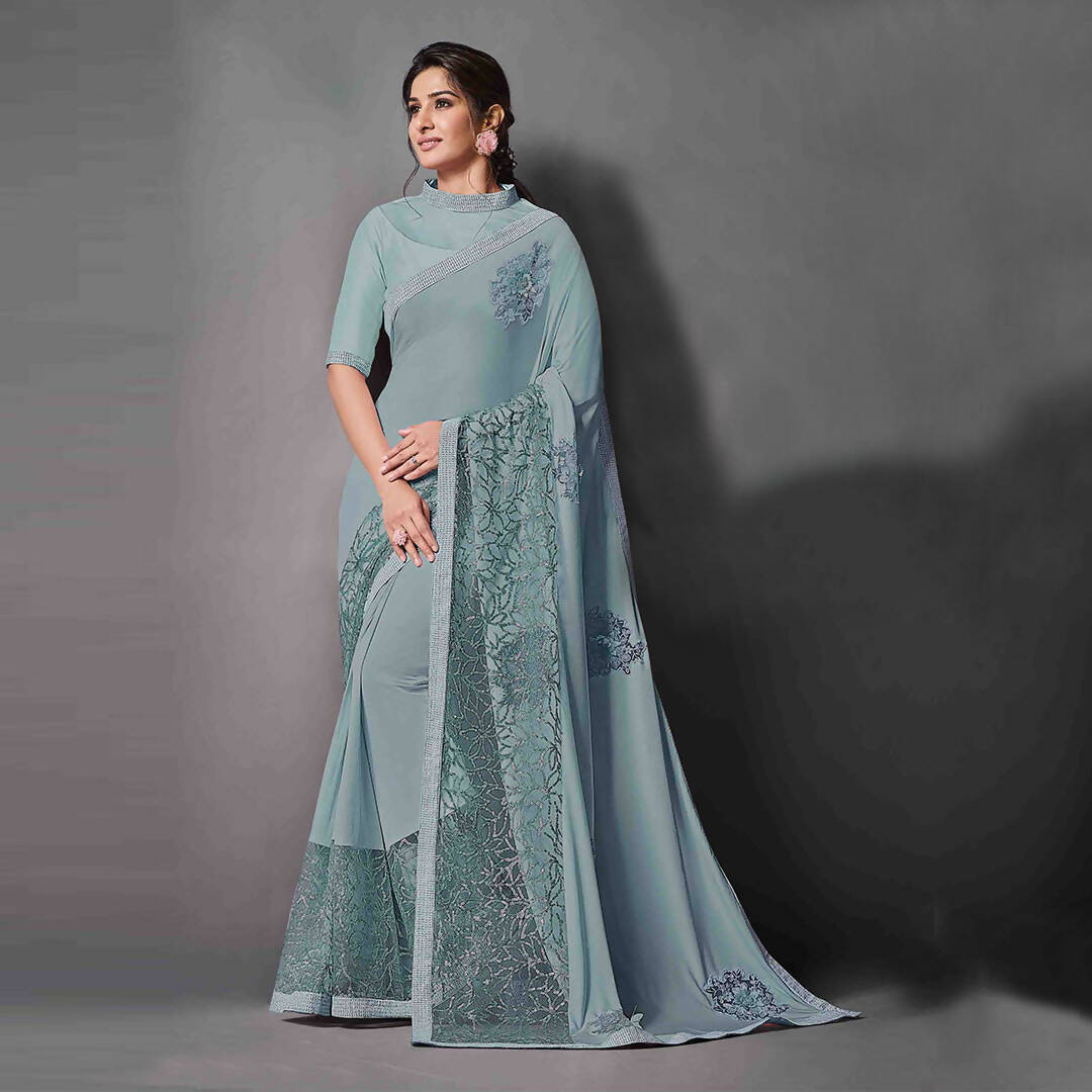 Teal Lycra Raw Silk Sequins Embroidery, Applique Work Saree - Norita Eileen - Distacart