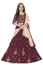 Thumbnail for Dwiden Maroon Rohini Tafetta Sattin Semi-Stitched Girl's Lehenga Choli - Distacart