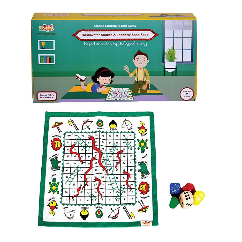Desi Toys Dashavatar Snakes & Ladders/Saap Seedi, Classic Strategy Board Game with Canvas Fabric Board, Based on Indian Mythological Story - Distacart