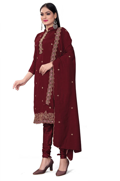 Maroon Silk Embroidered with Sequins work Unstitched Dress Material - Tanvi - Distacart